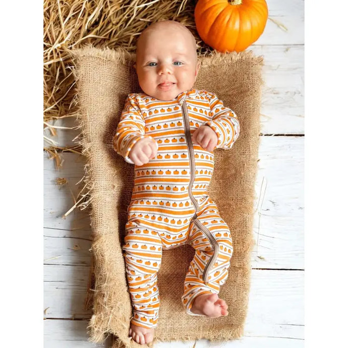 ORGANIC 2-WAY ZIP ROMPER - pumpkin stripe